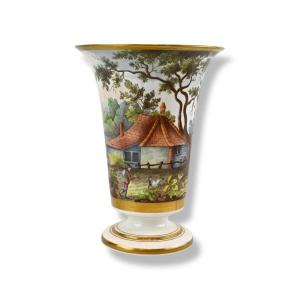 Vase En Porcelaine Peinte Avec Scène Bucolique - Angleterre 19ème Siècle